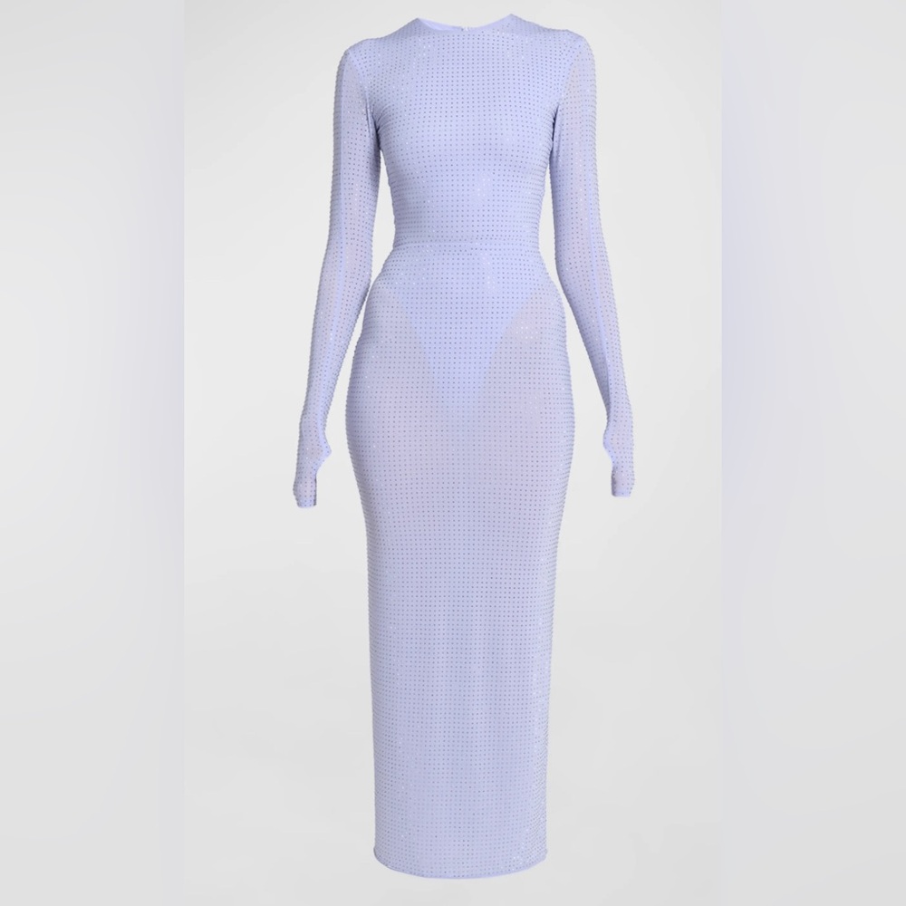 Crystal Embellished Jersey Long-Sleeve Midi Dress